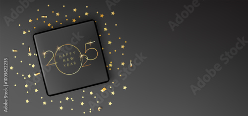 Happy New Year inscription. Dark gift with gold number 2025 and tinsel on black background.