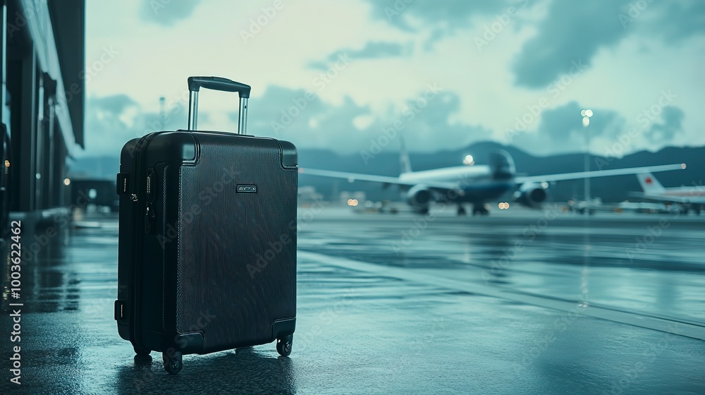 A black travel suitcase stands at the airport, an airplane is in the background. Tourism and travel concept --ar 16:9 --v 6.1 Job ID: 22d9201e-7699-4421-bdf8-20dc960f589b A black travel suitcase stands at the airport, an airplane is in the background. Tourism and travel concept --ar 16:9 --v 6.1 Job ID: 22d9201e-7699-4421-bdf8-20dc960f589b