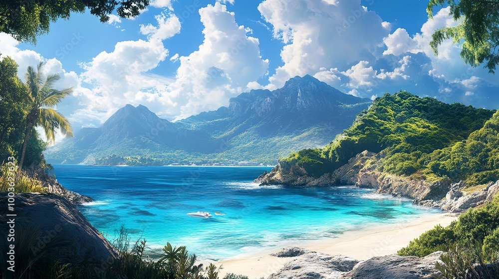 A beautiful beach scene with turquoise waters, mountainous backdrop, and a tranquil coastal ambiance. 