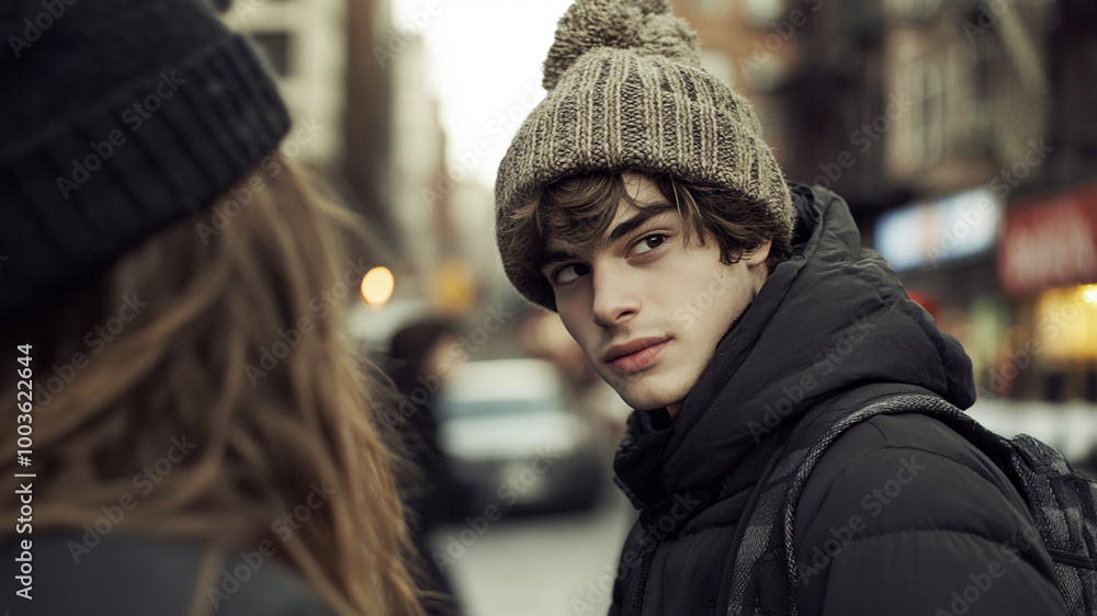 A young man talking with female friend, Photography, Bright scenery, Urban A young man talking with female friend, Photography, Bright scenery, Urban