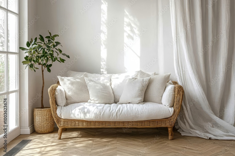 White sofa on wooden parquet. Minimalist, scandinavian home interior design of modern living room, Generative AI White sofa on wooden parquet. Minimalist, scandinavian home interior design of modern living room, Generative AI