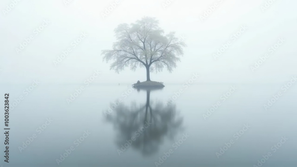 Lone tree reflected in misty calm lake
Lone tree reflected in misty calm lake