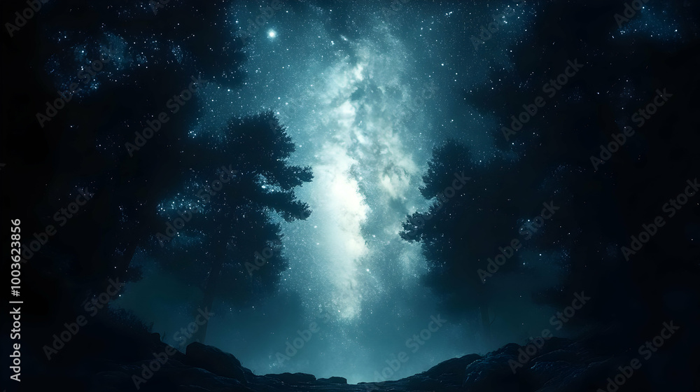 Naklejka premium Night Sky with Stars and Trees Illustration