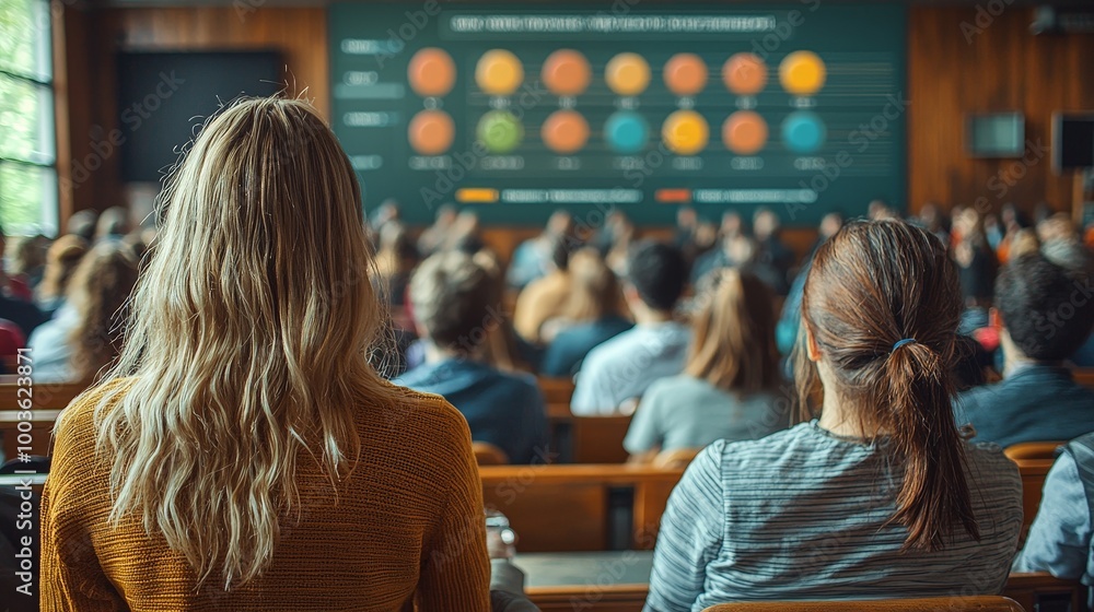 Students attending a lecture with a presentation displayed on a board. Students attending a lecture with a presentation displayed on a board.