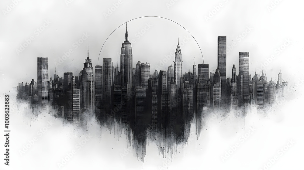 Black Ink Drawing of City Skylines Forming a Circle on White Background
Black Ink Drawing of City Skylines Forming a Circle on White Background