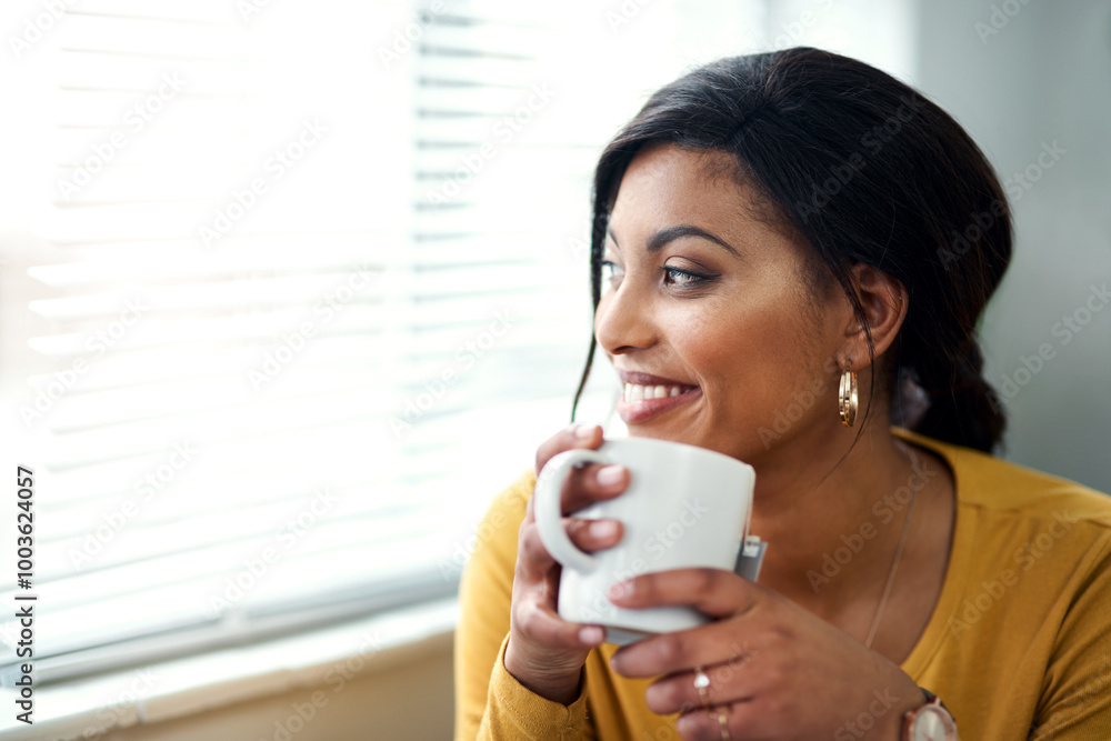 Smile, thinking and woman at window with tea, reflection and inspiration for calm ideas in apartment. Relax, insight and girl in home for morning drink, happy memory and weekend peace with coffee cup Smile, thinking and woman at window with tea, reflection and inspiration for calm ideas in apartment. Relax, insight and girl in home for morning drink, happy memory and weekend peace with coffee cup