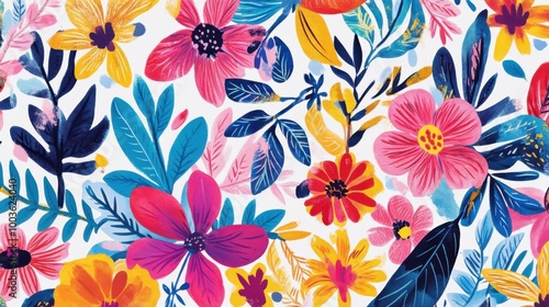 An abstract floral pattern with bold, bright colors and intricate designs, set against a clean, white