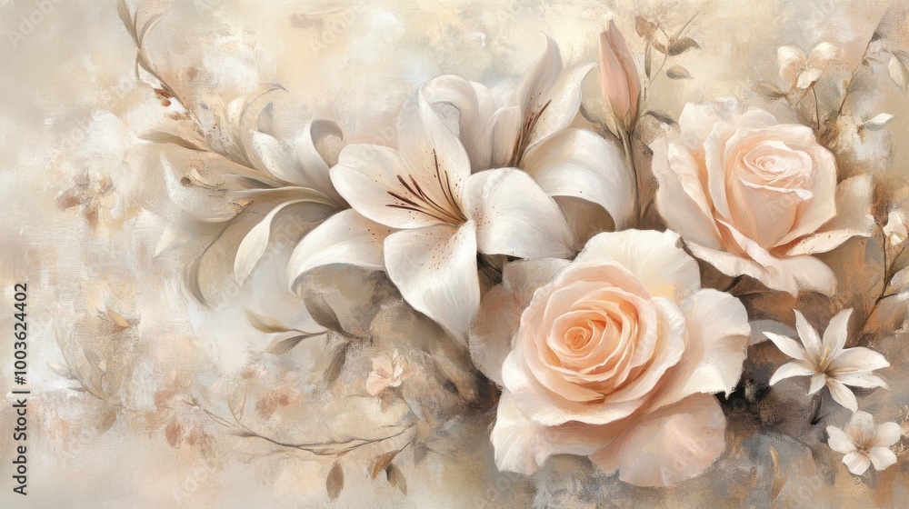 An elegant arrangement of roses and lilies with subtle shading and gradients, set against a soft An elegant arrangement of roses and lilies with subtle shading and gradients, set against a soft