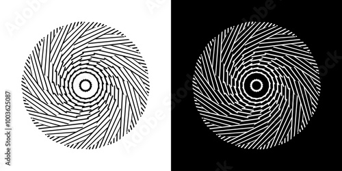 Abstract background with abstract line pattern in circles. Spiral art design as a logo or icon. A black figure on a white background and the same white figure on a black side. Mandala design with line