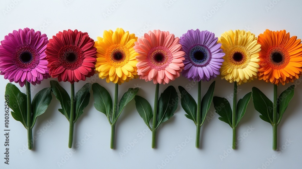 A row of seven colorful gerbera daisies arranged in a line on a white background. A row of seven colorful gerbera daisies arranged in a line on a white background.