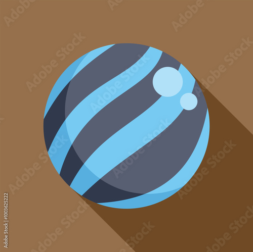 Blue and black striped rubber bouncy ball casting a shadow on a brown surface