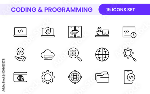 Programming coding set of web icons in line style. Software development icons for web and mobile app. Code, api, programmer, developer, information technology, coder and more.