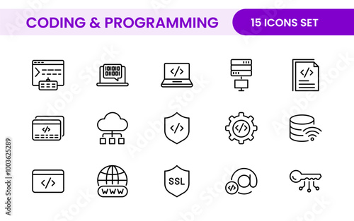 Programming coding set of web icons in line style. Software development icons for web and mobile app. Code, api, programmer, developer, information technology, coder and more.