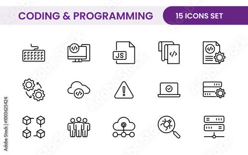 Programming coding set of web icons in line style. Software development icons for web and mobile app. Code, api, programmer, developer, information technology, coder and more.