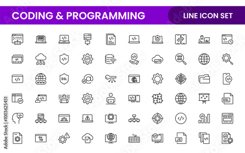 Programming coding set of web icons in line style. Software development icons for web and mobile app. Code, api, programmer, developer, information technology, coder and more.