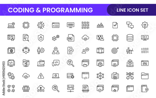 Programming coding set of web icons in line style. Software development icons for web and mobile app. Code, api, programmer, developer, information technology, coder and more.