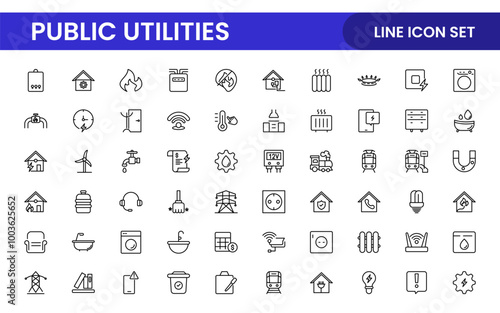 Public utilities linear signed icon collection. Signed thin line icons collection. Set of public utilities simple outline icons.