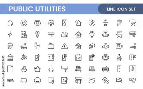 Public utilities linear signed icon collection. Signed thin line icons collection. Set of public utilities simple outline icons.