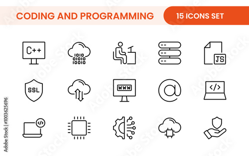 Programming coding set of web icons in line style. Software development icons for web and mobile app. Code, api, programmer, developer, information technology, coder and more.