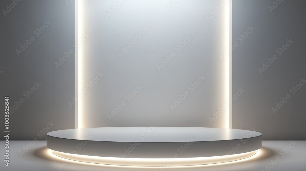 Softly illuminated white round podium with delicate shadow effects, ideal for a refined and elegant product showcase Softly illuminated white round podium with delicate shadow effects, ideal for a refined and elegant product showcase