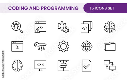 Programming coding set of web icons in line style. Software development icons for web and mobile app. Code, api, programmer, developer, information technology, coder and more.