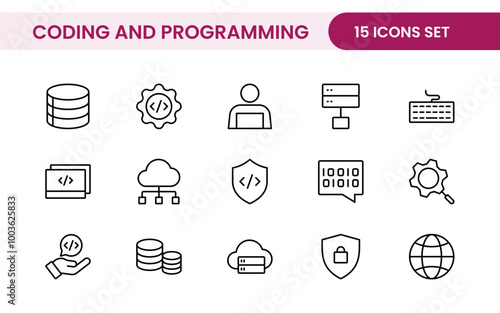 Programming coding set of web icons in line style. Software development icons for web and mobile app. Code, api, programmer, developer, information technology, coder and more.
