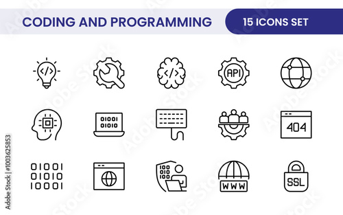 Programming coding set of web icons in line style. Software development icons for web and mobile app. Code, api, programmer, developer, information technology, coder and more.