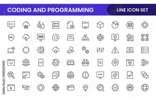 Programming coding set of web icons in line style. Software development icons for web and mobile app. Code, api, programmer, developer, information technology, coder and more.