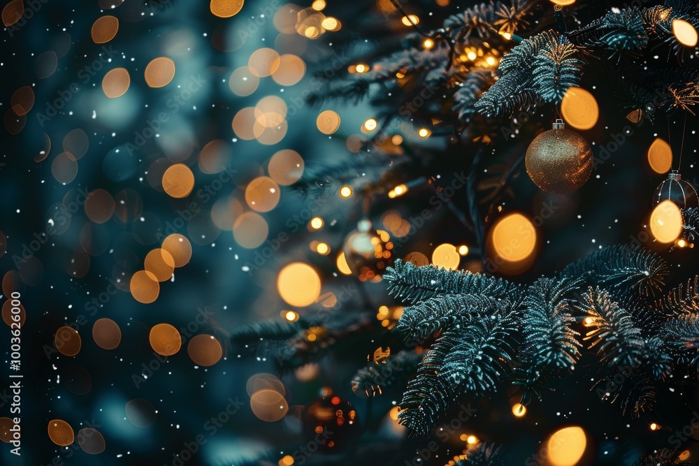 A beautifully decorated Christmas tree adorned with golden ornaments and twinkling lights, set against a snowy winter background. A beautifully decorated Christmas tree adorned with golden ornaments and twinkling lights, set against a snowy winter background.
