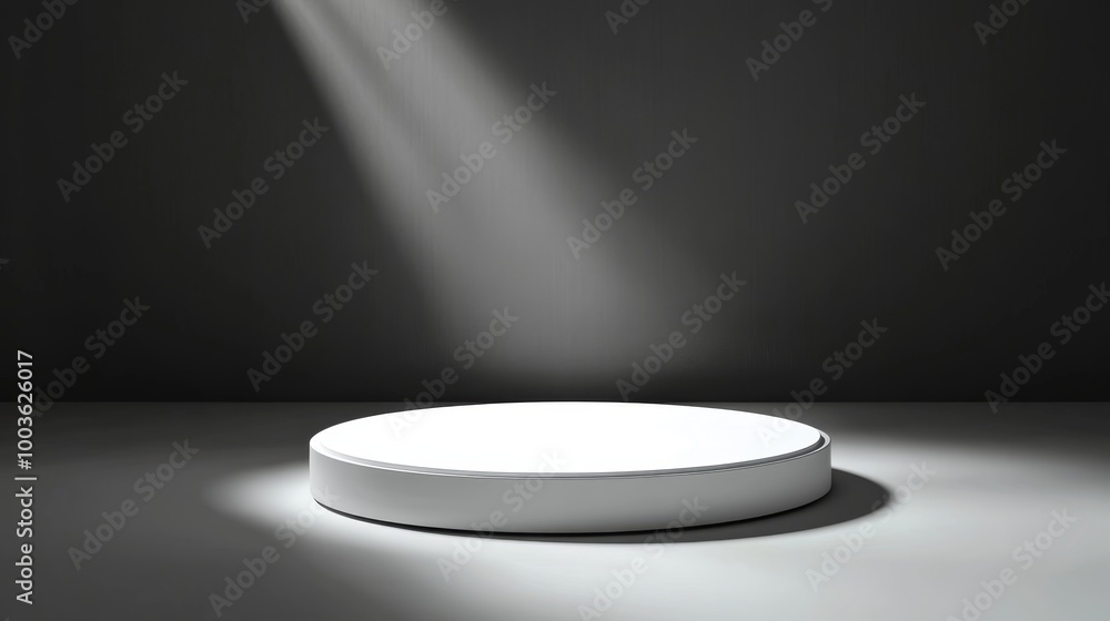 Softly illuminated white round podium with subtle shadow play, ideal for presenting premium or refined products Softly illuminated white round podium with subtle shadow play, ideal for presenting premium or refined products