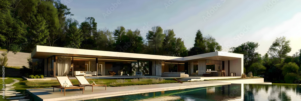 Modern House with Swimming Pool and Lush Greenery 3D Illustration Modern House with Swimming Pool and Lush Greenery 3D Illustration