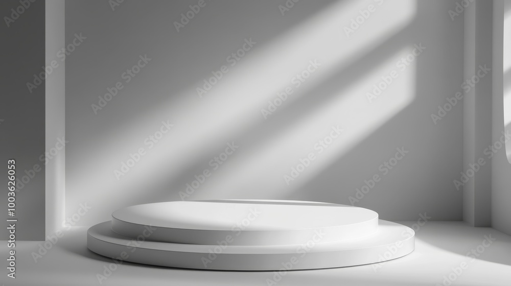 Softly lit white round podium with contrasting shadows, perfect for a refined and contemporary product presentation Softly lit white round podium with contrasting shadows, perfect for a refined and contemporary product presentation