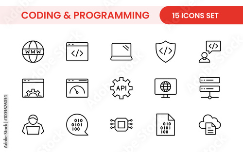 Programming coding set of web icons in line style. Software development icons for web and mobile app. Code, api, programmer, developer, information technology, coder and more.