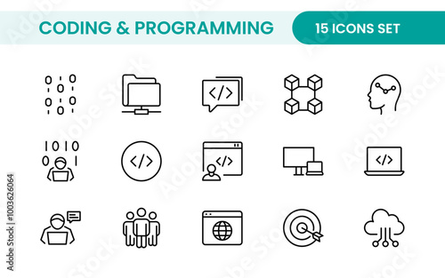 Programming coding set of web icons in line style. Software development icons for web and mobile app. Code, api, programmer, developer, information technology, coder and more.