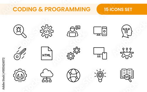 Programming coding set of web icons in line style. Software development icons for web and mobile app. Code, api, programmer, developer, information technology, coder and more.