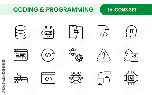 Programming coding set of web icons in line style. Software development icons for web and mobile app. Code, api, programmer, developer, information technology, coder and more.