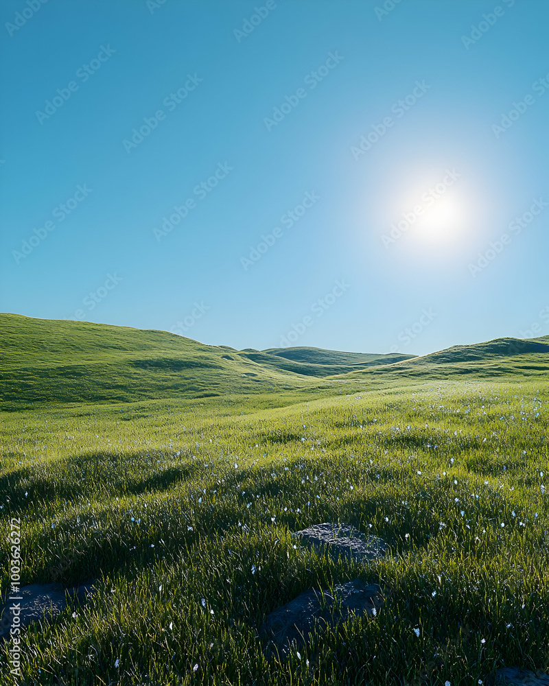 Green Grass Field with Rocks and Flowers, Illustration Green Grass Field with Rocks and Flowers, Illustration