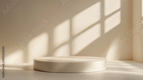 Softly lit white round podium with delicate shadow effects, creating a refined and modern backdrop for stylish items