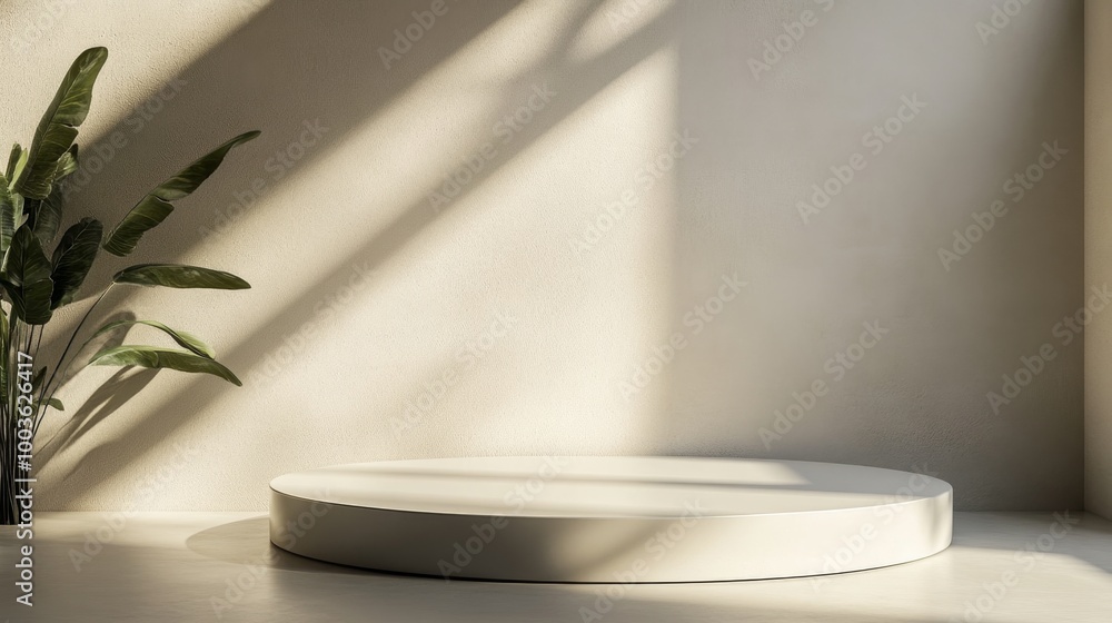 Softly lit white round podium with well-defined shadows, providing a sophisticated and elegant setting for premium items Softly lit white round podium with well-defined shadows, providing a sophisticated and elegant setting for premium items