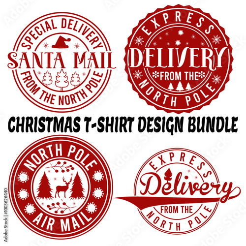 Christmas T- Shirt Design bundle  Santa, design, holiday, north pole, delivery, greeting, grunge, merry, postmark, vector, season, badge, north