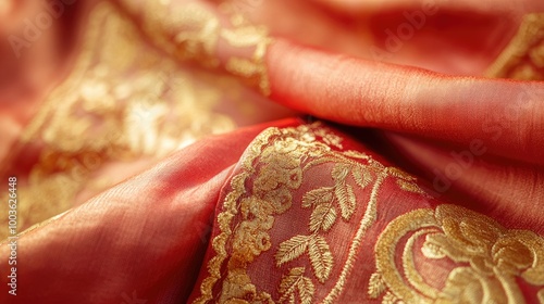 Close-up of Indian silk fabric with golden zari embroidery, leaving space for copy photo