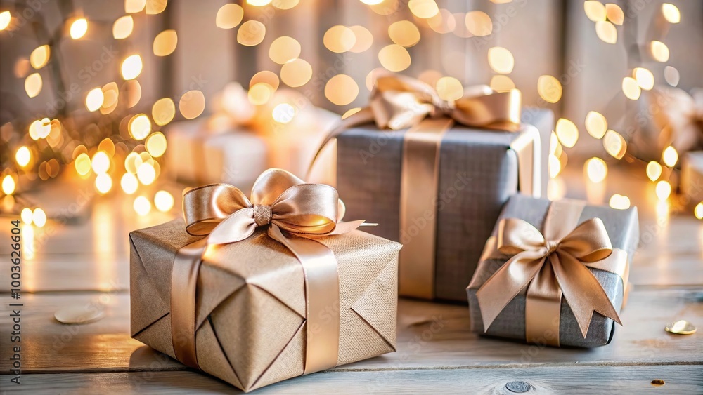 Beautifully wrapped Christmas presents with gold ribbons, set against a festive bokeh lights background. Perfect for holiday-themed content, gift guides, and celebrations... Beautifully wrapped Christmas presents with gold ribbons, set against a festive bokeh lights background. Perfect for holiday-themed content, gift guides, and celebrations...