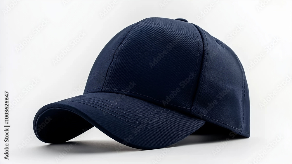 A navy blue baseball cap with a curved brim, set against a white background, highlighting its classic and sporty design. A navy blue baseball cap with a curved brim, set against a white background, highlighting its classic and sporty design.