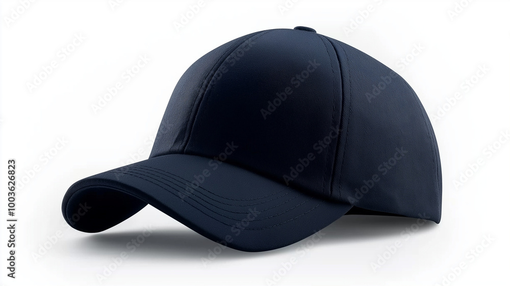 Fototapeta premium A simple yet sleek navy blue baseball cap with a curved brim, positioned on a white isolated background, representing timeless and casual style.
