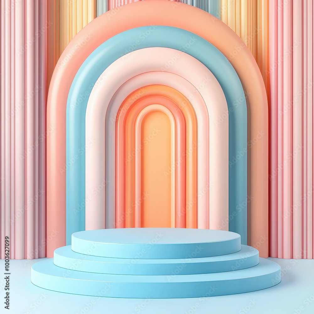 Fototapeta premium Abstract Pastel Rainbow Arch Background with Blue Platform.