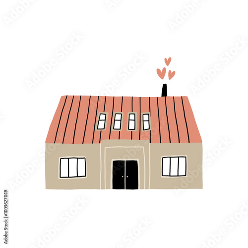 Charming Cartoon House Illustration with Hearts and Red Roof