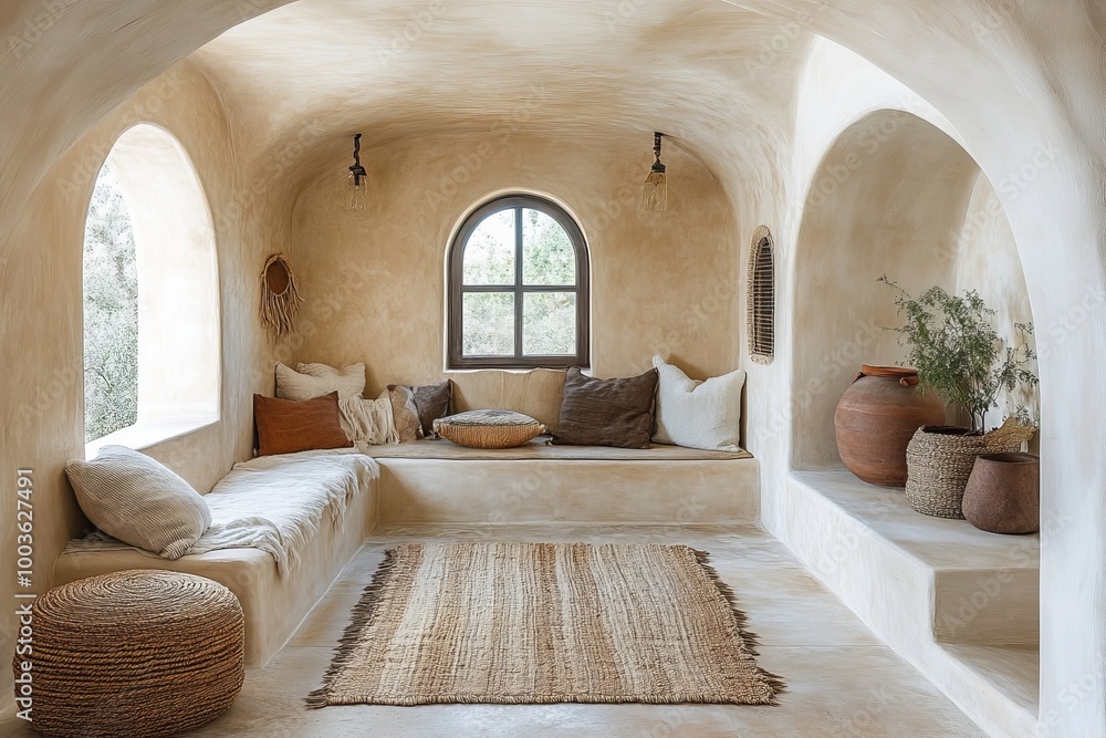 Boho, mediterranean interior design of modern home entryway, hall with arched walls, Generative AI Boho, mediterranean interior design of modern home entryway, hall with arched walls, Generative AI
