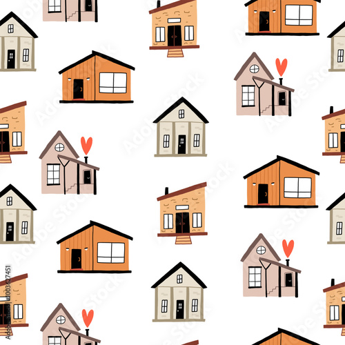 Seamless Pattern of Cute Houses with Hearts