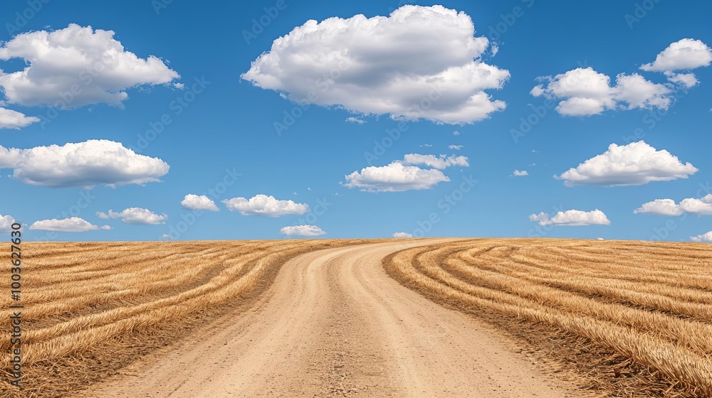 A winding dirt road through golden fields under a clear blue sky with fluffy clouds. A winding dirt road through golden fields under a clear blue sky with fluffy clouds.