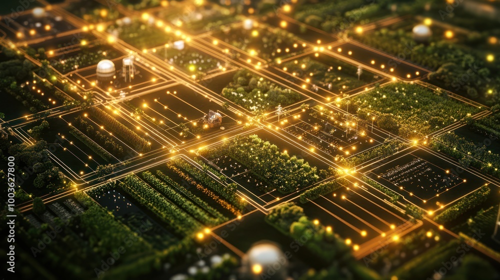 Aerial view of a futuristic urban landscape with glowing pathways and green spaces. Aerial view of a futuristic urban landscape with glowing pathways and green spaces.